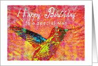 Happy Birthday Nan hummingbird with bright jewel colors! card