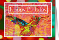 Happy birthday to me, Brightly colored Hummingbird on red, floral background! card