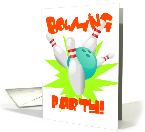 Bowling party with turquoise ball and pins exploding! card (917374)