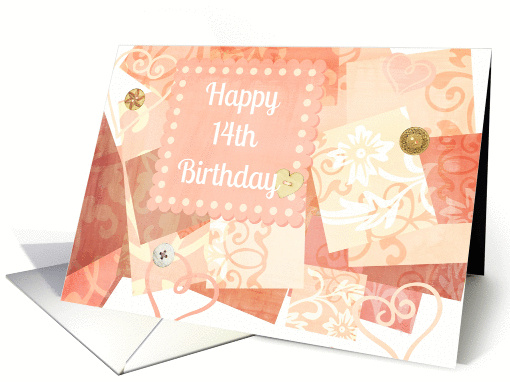 Happy 14th Birthday vintage print with hearts and buttons! card