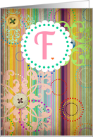 Monogram ’F’ antique look blank card with bright stripes and buttons look! card