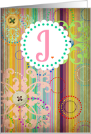 Monogram ’J’ antique look blank card with bright stripes and buttons look! card