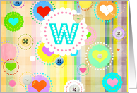 Monogram note card, ’W’, plaid pastels, hearts and buttons! card