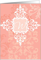 Monogram note card, ’W’, vintage floral, medallion on pink! card