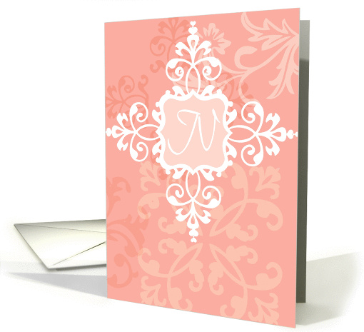 Monogram note card, 'N', vintage floral, medallion on pink! card