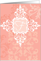 Monogram note card, ’F’, vintage floral, medallion on pink! card