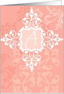 Monogram note card, ’A’, vintage floral, medallion on pink! card