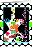 Bright Floral Birthday Guitar on Polka Dot Border! card