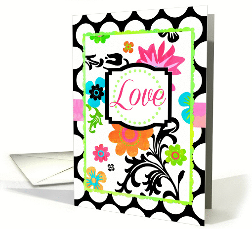 'Love' Blank Note Card Bright Tropical Floral on Polka Dot... (950421)