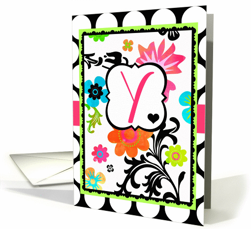 Bright Tropical Floral 'Y' Monogram Note Card on polka dots! card