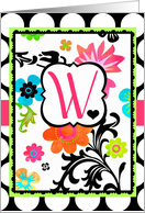 Bright Tropical Floral ’W’ Monogram Note Card on polka dots! card
