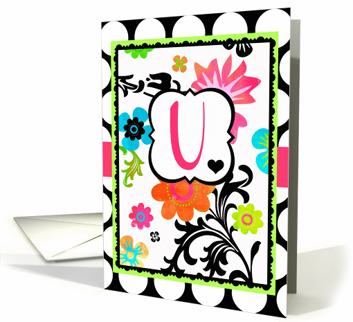 Bright Tropical Floral 'U' Monogram Note Card on polka dots! card