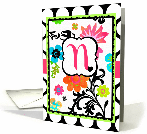 'N' Monogram, Bright Tropical Floral Blank Note Card on... (950663)