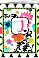 ’J’ Monogram Note Card, Bright Tropical Floral on polka dots! card