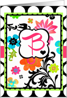 ’B’ Monogram Note Card, Bright Troipical Floral on polka dots! card