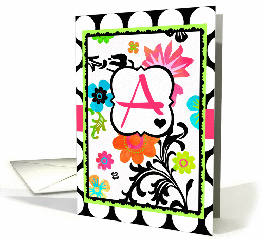 'A' Monogram Note Card, Bright Tropical Floral on polka dots! card