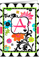 ’A’ Monogram Note Card, Bright Tropical Floral on polka dots! card