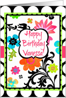 Happy Birthday Vanessa, Bright Tropical Floral on polka dots! card