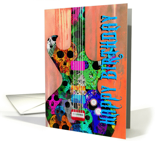 Happy Birthday Cool Electric Guitar with Skulls on Wood! card (955777)