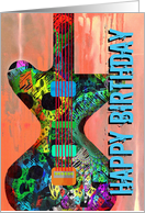 Happy Birthday Cool Electric Guitar with Skulls on Wood! card