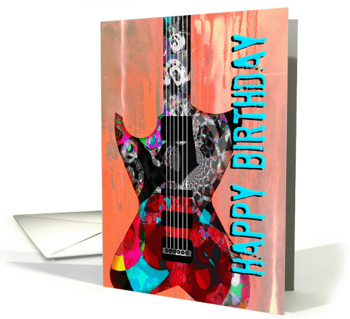 Happy Birthday Cool Electric Guitar with Funky Swirl on Wood! card