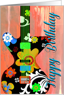 Happy Birthday Cool Electric Guitar with Floral Design on Wood! card
