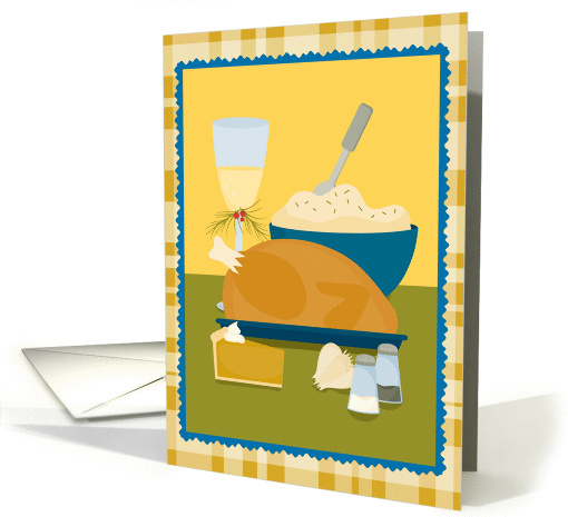 Happy Thanksgiving Dinner Feast on green with Plaid Background! card
