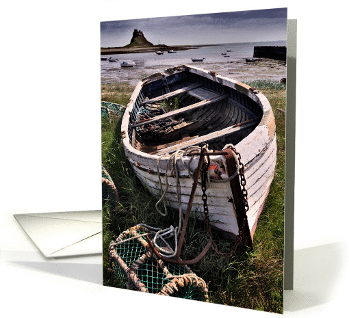 Old boat & Lindisfarne Castle, Northumberland Coast - Blank card