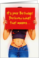 Sexy Lady Holding Up A Suggestive Sign For Male’s Birthday card