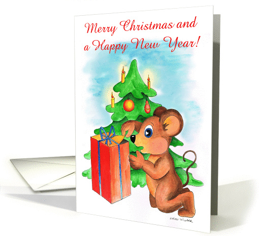 Merry Christmas - little mouse with present card (884767)