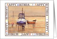 Sunset Harbour with Boat and Dog Birthday Card