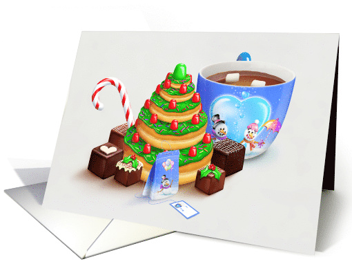 Happy Holidays, Whimsical Doughnut Christmas Tree and Cocoa card