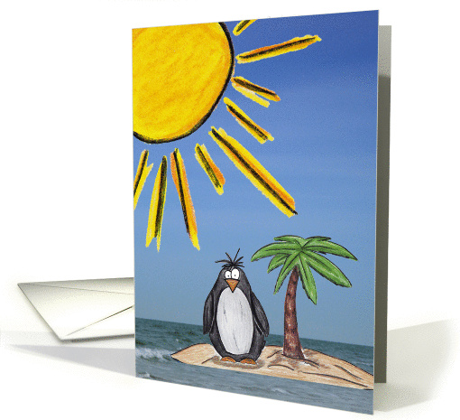 Happy Birthday, Cartoon Penguin on Island With Sun card (928333)