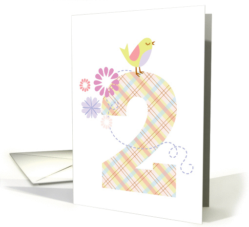 Happy 2nd Birthday, Bird, Flowers & Large Plaid 2 card (929405)