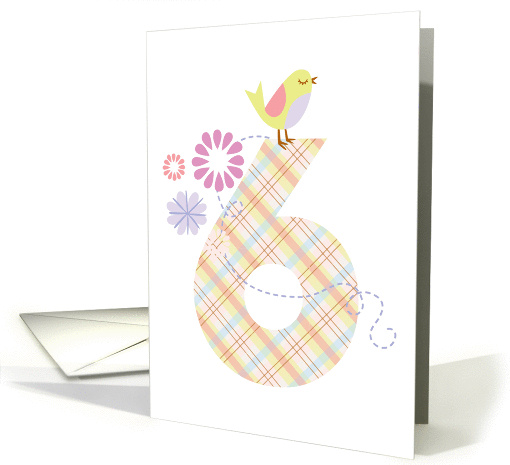 Happy 6th Birthday, Bird, Flowers & Large Plaid '6' card (929413)