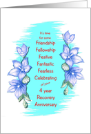4 Year, Happy Recovery Anniversary, blue flower border card