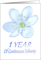 1 YEAR of Continuous Sobriety, Happy Birthday, Pale Blue flower card