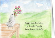 Valentine Across Miles for Parents Cute Bird Delivering Roses card