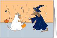 Humorous Cartoon of Dog Trick or Treating Halloween card
