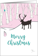 Merry Christmas Whimsical Reindeer Silhouette Pink and White Forest card