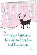 Merry Christmas Nephew and Fiancee Whimsical Reindeer Pink Forest card