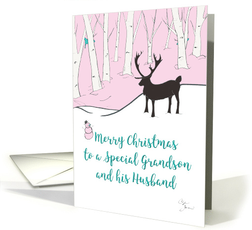 Gay Christmas Grandson and Husband Whimsical Reindeer Pink Forest card