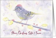 Merry Christmas Sister and Fiance Whimsical Purple Watercolor Bird card