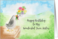 Happy Birthday to My Wonderful Twin Sister, Bird with Flowers card