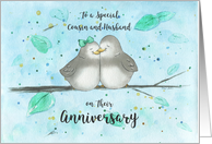 Happy Anniversary Cousin and Husband, Cute Cartoon Lovebirds on Limb card
