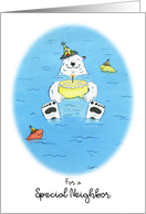 Happy Birthday Special Neighbor, Polar Bear in Water Holding Cake card