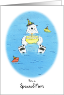 Happy Birthday Special MUM Polar Bear in Water Holding Cake card