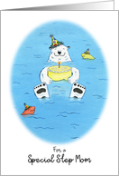 Happy Birthday Special Step Mom, Polar Bear in Water Holding Cake card