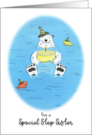Happy Birthday Special Step Sister, Polar Bear in Water Holding Cake card
