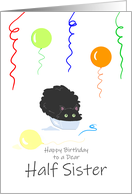 Half Sister Birthday Funny Fluffy Black Cat in Tiny Box card